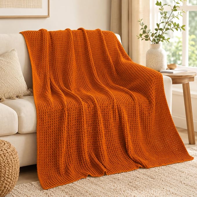 Burnt Orange Throw Blanket for Couch, Fall Waffle Knit Throw Blanket 50x60 | Chunky Chenille Throw Blanket, Soft Warm Decorative Fall Blanket for Sofa Bed, Ideal Fall Home Decor