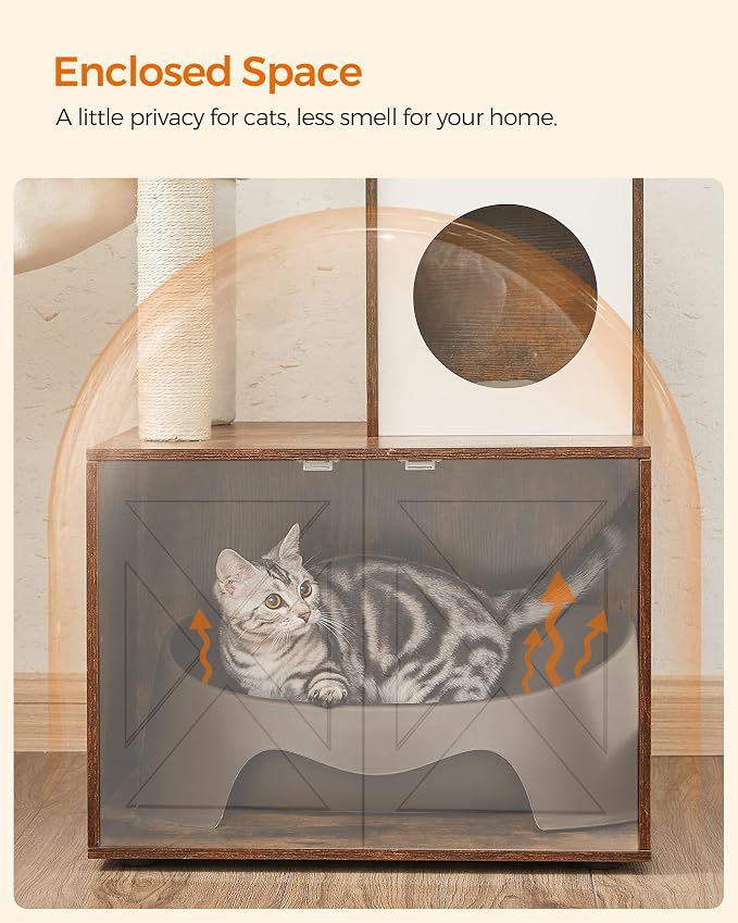 Feandrea Cat Tree with Litter Box Enclosure, 59-Inch Modern Cat Tower | 2-In-1 Condo with Scratching Posts, Washable Removable Cushion, Rustic Brown UPCT113X01