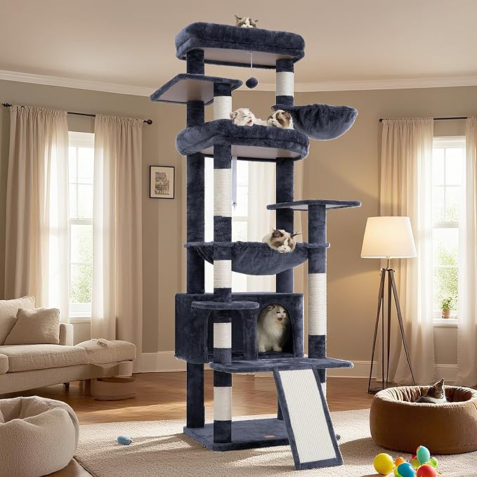 Heybly Tall Cat Tree for Large Cat, 80-inch Multi-Level Cat Tower HCT038G | Condo Furniture for Indoor Cats with Large Baseboard, 2 Widened Plush Perches, Scratching Board, Big Caves, Smoky Gray