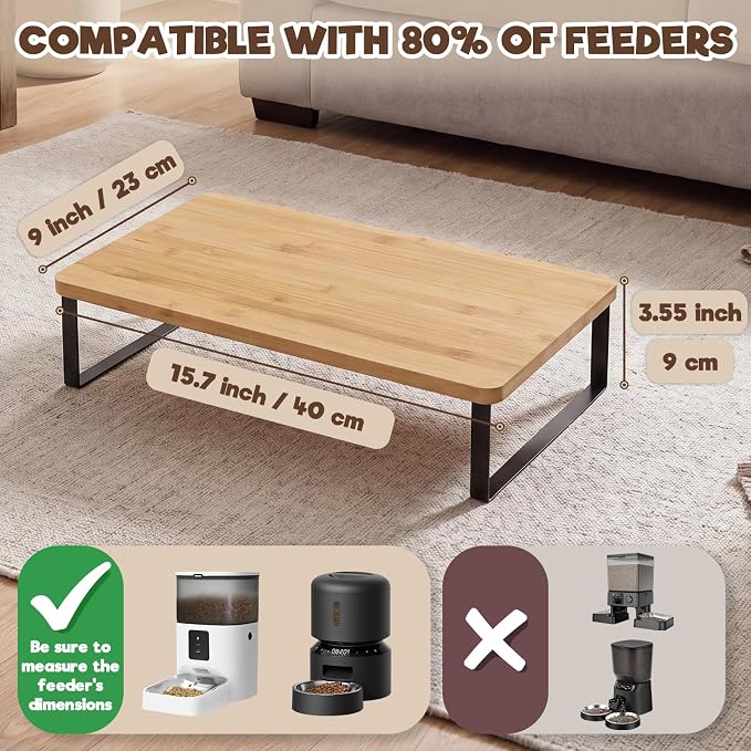Bamboo Wood Cat Food Stand for Automatic Cat Feeder and Bowls | Non-Slip Metal Frame Elevated Cat Bowls Stand 15.7'' x 9.1'' Tabletop Fit Most Automatic Feeders, Raises Feeder/Bowl by 3.5''