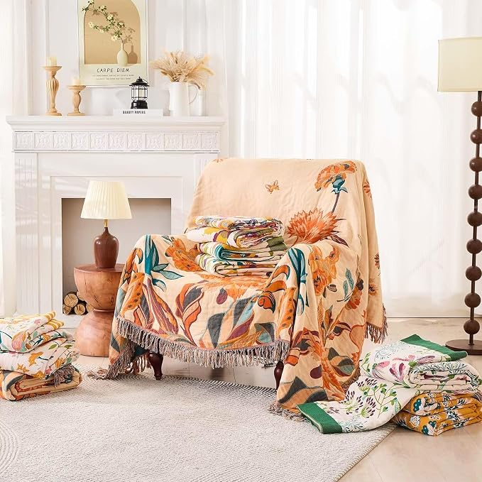XIBLC Boho Throw Blanket, 100% Cotton Ultra Soft Luxury Throw Rustic Quilt, Floral Printed Farmhouse Decor Bed Summer Blankets, All Season Rustic Reversible Bohemian Throw for Bed (90"x98" Yellow