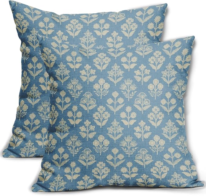 Light Blue Floral Block Print Pillow Covers 18x18 Inch Set of 2, Vintage Flower Pattern Decorative Throw Pillowcases Outdoor Farmhouse Cushion Covers Spring Summer Rustic Sofa Couch Bed Decor