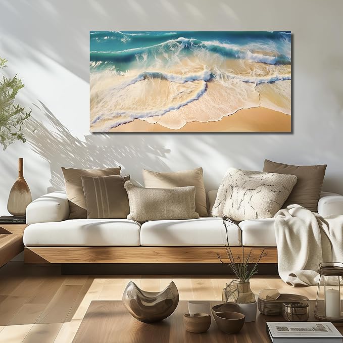 DNIEOTU Beach Canvas Wall Art for Living Room, Ocean Waves Wall-Decor for Bedroom, Landscape Picture Prints for Hallway Office, Size 47 x 24 Inches