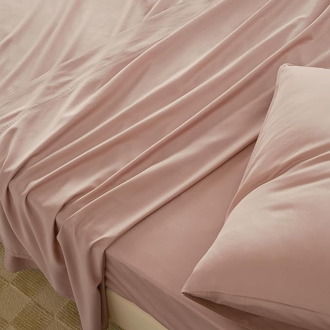 Double Stitch Cotton Tencel Sheet - Bed Sheets Set King Size, 4Pc Luxury Hotel Bedding Set, Soft, Cooling & Breathable for Hot Sleepers, Deep Pocket Up to 16 Inches, Dusty Mauve