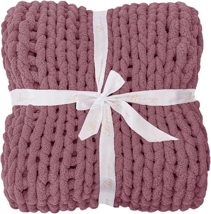 Bigacogo Chunky Knit Throw Blanket for Couch, 40x60 inches, Burnt Rose | Hand Knit with Jumbo Chenille, Soft Breathable Cable Knit for Sofa Bed Living Room, Machine Washable, Gift for Mom Friend