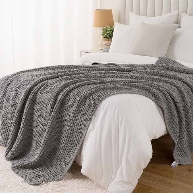 Grey Throw Blanket for Couch, Soft Knitted Chenille Throw Blanket 50"x60" | Chunky Waffle Knit Throw Blanket, Light Gray Throw Blanket for Bed Sofa Living Room, Modern Farmhouse Knitted Style