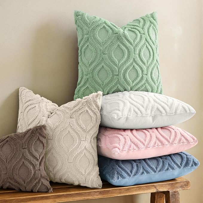 decorUhome Faux Fur Plush Sage Green Throw Pillow Covers 16x16 Set of 2 | Plush Solid Fall Couch Pillow Covers, Accent Modern Farmhouse Neutral Decorative Soft Pillow Cases for Sofa Bed Living Room