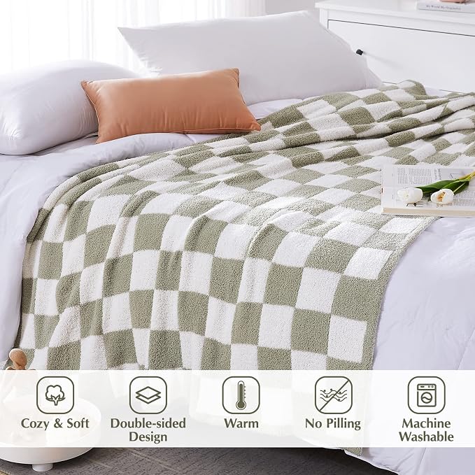 Soft King Size Checkered Blanket for Bed-Cozy Knitted Blankets | Lightweight Fluffy Warm Decor for Women, Mom, Her & Girls, Sofa, Chair, Couch, 90x108in, Sage Green