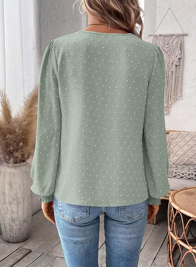 Womens Tops Swiss Dot Boho Long Sleeve Shirts V Neck Casual Chiffon Blouses Flowy Lace Hem Cute Clothing Trendy 2026