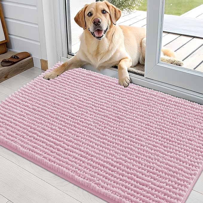 OLANLY Dog Door Mat for Muddy Paws 36x24, Extra Absorbent Chenille Mud Mat | Dusty Rose, Absorbs Moisture and Dirt, Non-Slip Machine Washable Doormat, Quick-Drying Indoor Entryway Floor Mat for Dogs