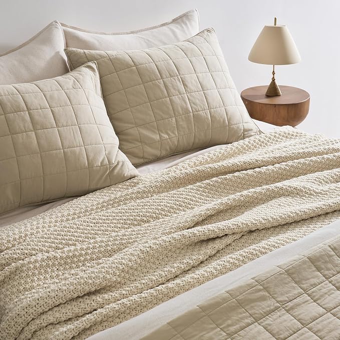 EVERGRACEHOME Chunky Chenille Knit Throw Blanket, 108x92, Beige | Sculpted Moss Stitch, Chic Modern Farmhouse, All-Season Warmth, OEKO-TEX® Certified, Oversized King for Couch, Bed, Sofa