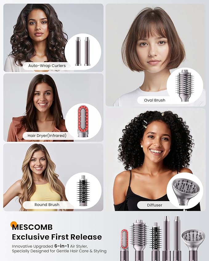 MESCOMB Upgraded Infrared 6 in 1 Hot Air Styler Wrap - Dual Voltage Hair Dryer| Fast Drying & No Heat Damage, Professional Multi-Styler for Curling, Volumizing & Smooth Straightening (100V-240V)