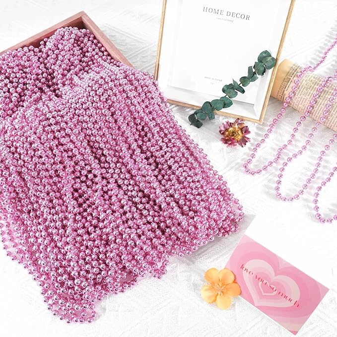 SHAOQINLIN 12 PCS Pink Bead Necklace, 33" Pink Mardi Gras Beads, Breast Cancer Awareness Beaded Necklaces, Party Beads for Mardi Gras, Christmas, Valentine's Day, Wedding, Gender Reveal Party Favors
