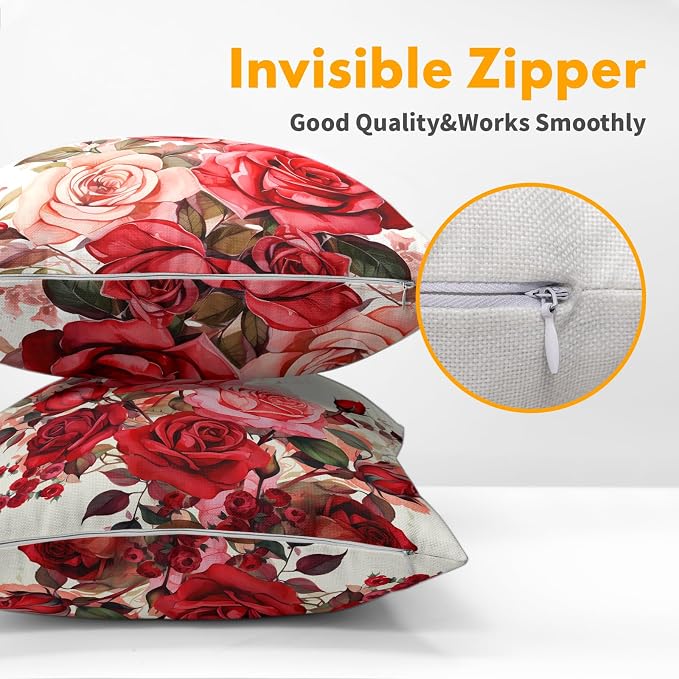 Kawani Watercolor Flower Throw Pillow Covers 16x16 Inch Set of 2 Pink Red Rose Floral Romantic Square Pillowcase Cotton Linen Cushion Case for Couch Sofa Bedroom Living Room Decor