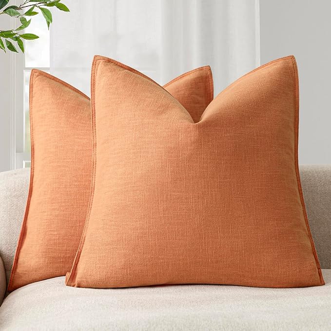 Foindtower Pack of 2, Decorative Linen Solid Throw Pillow Covers Soft Accent Euro Cushion Case Boho Farmhouse Pillowcase for Chair Couch Sofa Bedroom Living Room Home Decor 20 x 20 Inch Dusty Orange