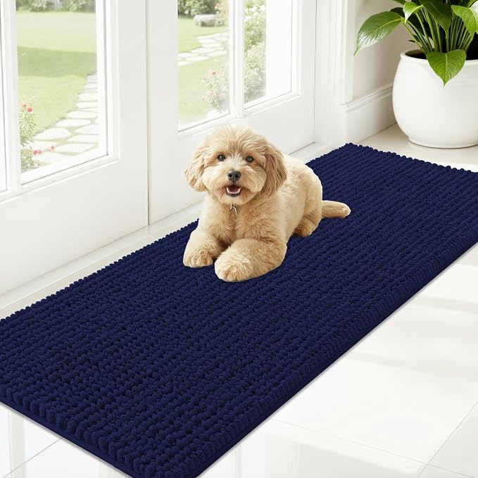 OLANLY Dog Door Mat for Muddy Paws 59x20, Extra Absorbent Chenille Mud Mat | Navy Blue, Absorbs Moisture and Dirt, Non-Slip Machine Washable Doormat, Quick-Drying Indoor Entryway Floor Mat for Dogs