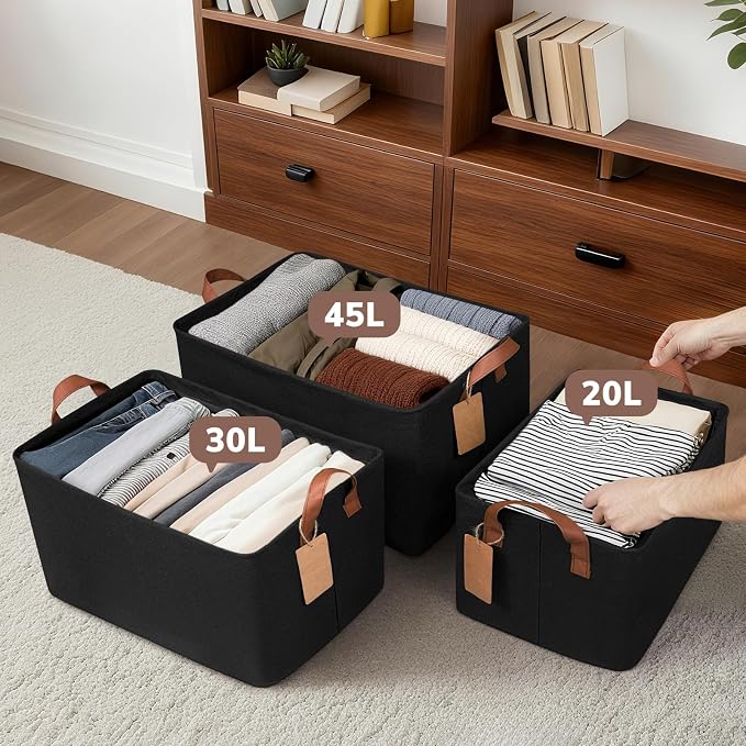 CHICVITA 4-Pack Fabric Storage Baskets for Shelves, Metal Frame, Black | 16 ¾" L x 11" W x 9 ¾" H, Collapsible Design, Clothes, Toys & Towel Storage, Bedroom & Living Room Organization