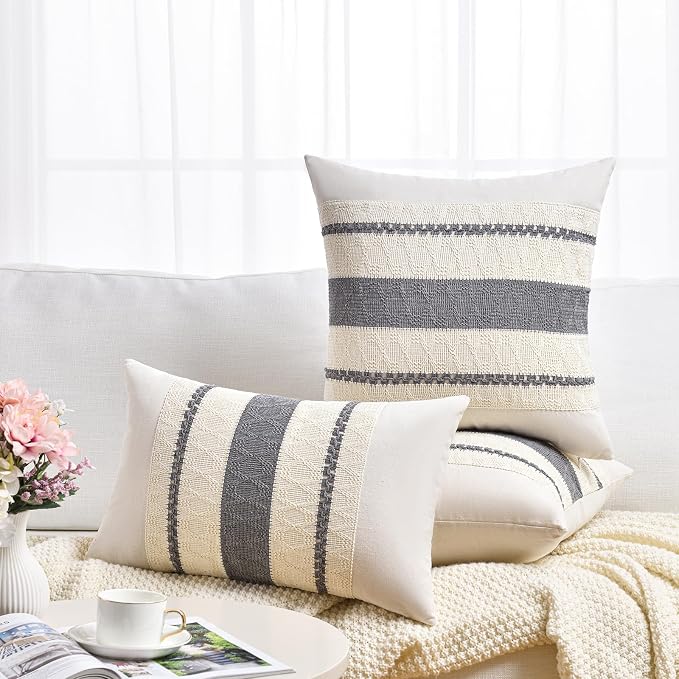 Fancy Homi Set of 1 Neutral Grey Farmhouse Small Decorative Throw Pillow Covers 14x14 Inch for Couch Bed Chair, Vintage Country Rustic Retro Room Decor, Soft Thick Cotton Handmade Woven Cushion Case
