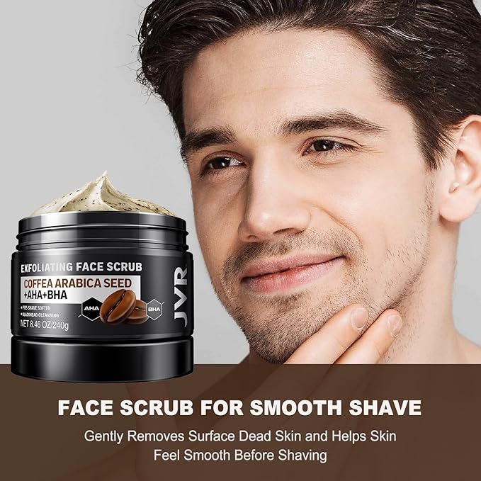 JVR Face Scrub for Men, Facial Scrub for Deep Exfoliating, Cleansing Blackheads, Ingrown Hair, Pre-shave Soften, Organic Formulated with Coffee Extract, AHA and BHA Face Exfoliator (8.46 oz)