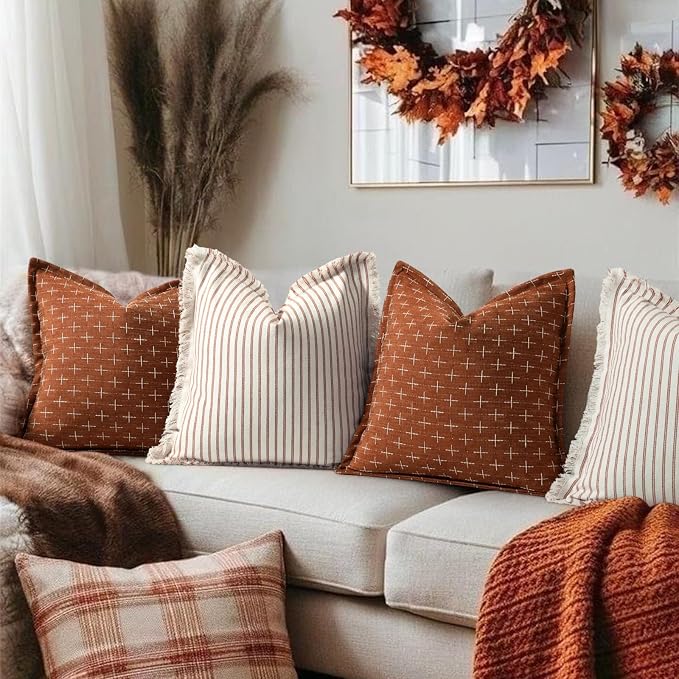 Fall Throw Pillow Covers 24x24 Set of 2 Striped Pillow Covers with Fringe Chic Cotton Decorative Pillows Square Cushion Covers for Sofa Couch Bed Living Room Fall Decor,Rust