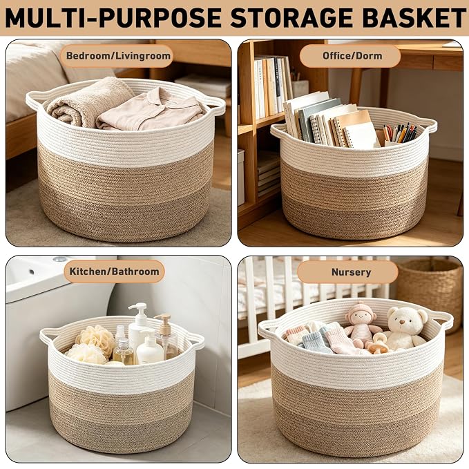 115L Extra Large Blanket Basket,Woven Rope Laundry Basket-Mix Brown | Collapsible Nursery Storage Bin with Sturdy Handles, Organizes Clothes, Toys and Pillows for Living Room, Bedroom, Bathroom