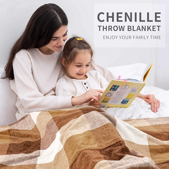 RECYCO Buffalo Plaid Chenille Throw Blanket, 50"x60", Brown Off White | Super Soft Knit Throw Blanket with Tassels, Lightweight, Cozy, Farmhouse Decor, Ideal for Couch Sofa Chair Bed Living Room