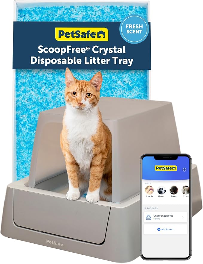 PetSafe ScoopFree Crystal Smart Self-Cleaning Litter Box, Front-Entry | 2.4 GHz WiFi & App Enabled, Hands-Free Automatic Cleaning, Superior Odor Control, Includes 1 Disposable Crystal Litter Tray