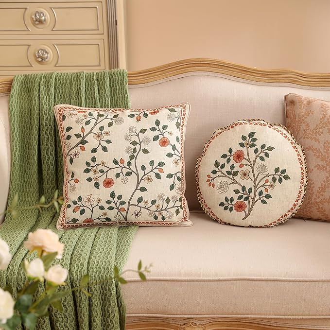 Designer Elegant Linen Throw Pillow Cover,Set of 2,18"x18"-Flora A | French Square Decor Pillow Cover,Concealed Zipper Design,Floral Pattern,Sofa,Bedroom,Living Room,Lounge Chairs