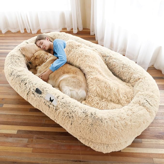 WROS Human Dog Bed for Adult, 71"x45"x12" Giant Calming Nest Beds, Beige | Washable Soft Faux Fur Cover, Orthopedic Foam Support, Non-slip Bottom, Includes Blanket, Strap & Pillow