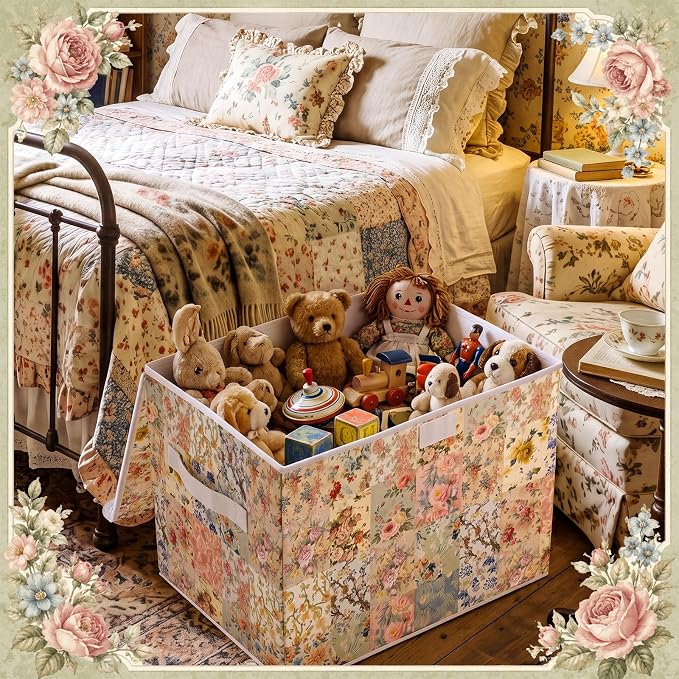 Briwooody Vintage Floral Storage Bin with Lid and Carrying Handle Retro Flower Foldable Storage Box Large Farmhouse Decorative Collapsible Container Basket for Organizing Closet Home Bedroom Gift