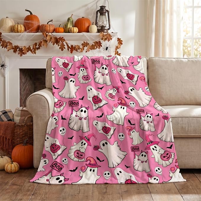 Horaldaily Halloween Pink Ghost Pumpkin Skulls Flannel Throw Blanket 60x80 | All Season Using Ultra Soft Fuzzy Plush Cozy Non-shedding Blanket for Couch Sofa Bed Camping, Ideal Gift for Kids Adults