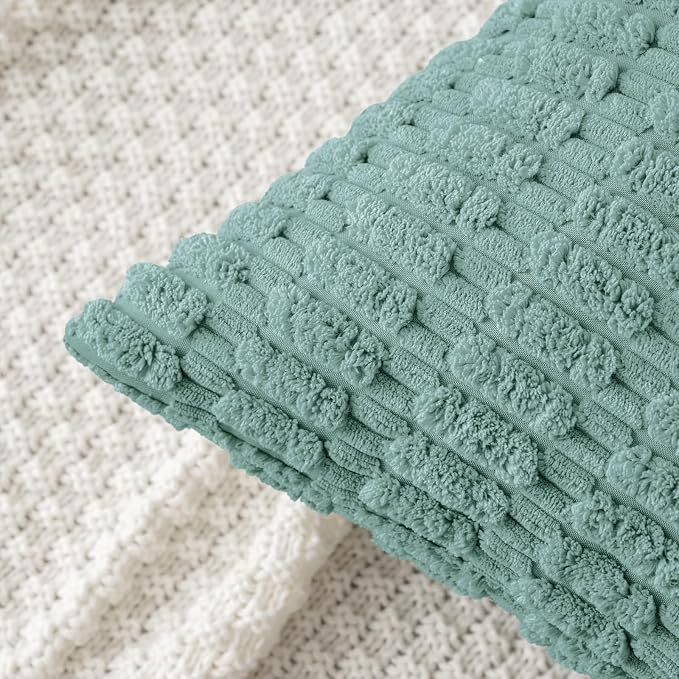 MIULEE Corduroy Decorative Throw Pillow Covers 16x16 Teal Green Pack of 2 | Soft Boho Striped Pillow Covers Modern Farmhouse Home Decor For Sofa Living Room Couch Bed