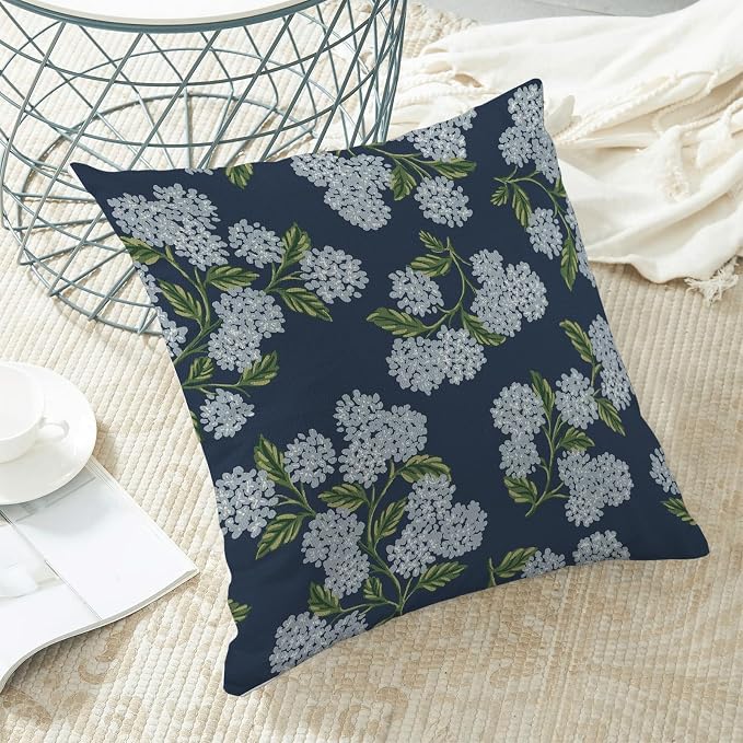 AEIOAE Spring Pillow Covers 18x18 Inch Set of 2, Navy Blue Green Hydrangea Flower Throw Pillows Case,Floral Summer Outdoor Seasonal Decorative Farmhouse Decor Cushion Covers for Home Sofa Bed Couch