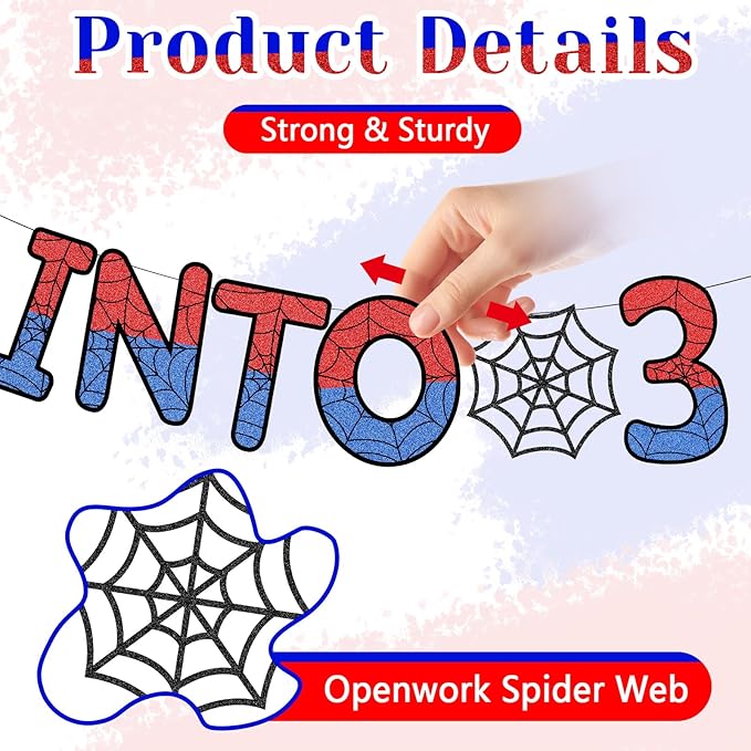 Spider Theme 3rd Birthday Banner Glitter Swinging into 3 Banner Pre-strung Ghost Spider Web 3rd Birthday Decorations Party Supplies for Third 3 Year Old Boys Girls Kids(3 Years)
