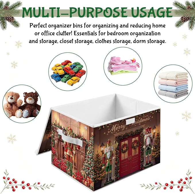 Briwooody Christmas Nutcracker Storage Bin with Lid and Carrying Handle Red Christmas Storage Box Large Xmas Nutcracker Decorative Collapsible Container Basket for Organizing Closet Home Bedroom Gift