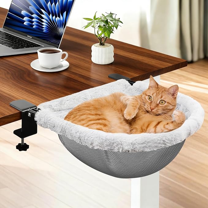 X-Large Cat Desk Bed for Home Office, 19"x15" Spacious Nest | Sunken Hammock Design & Soft Faux Fur, Removable & Washable Cover, Holds Up to 40lbs, Space Saving Cat Perch