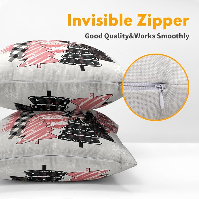 Kawani Christmas Tree Throw Pillow Covers 2 Pcs 16x16 Inches - Pink Black Plaid Xmas Trees Decorative Pillowcase Cotton Linen Square Cushion Case for Couch Sofa Bed Bedroom Living Room