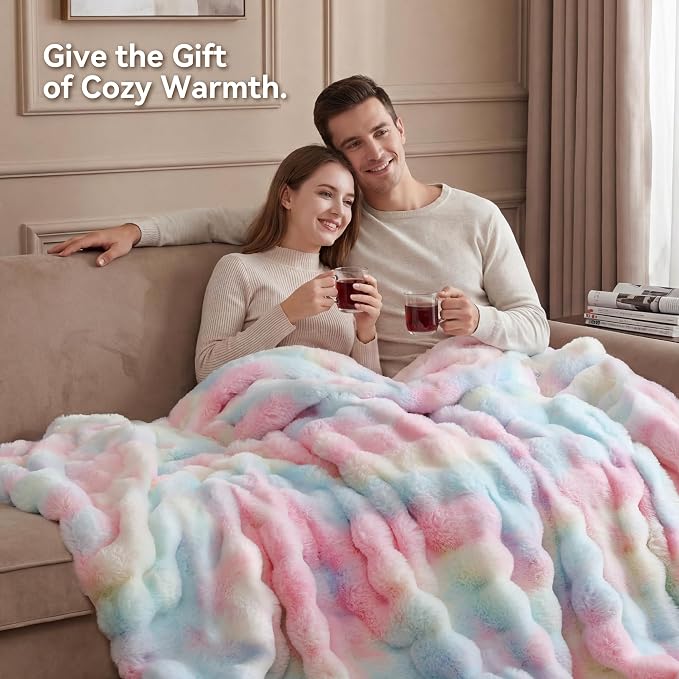 Faux Rabbit Fur Throw for Couch - Rainbow Bubble Blanket 50"x60" | Fluffy Plush Fuzzy Colorful Throw for Sofa & Bed, Super Soft Cozy Comfrt Blanket, Luxury Rainbow Decor Gift for Women