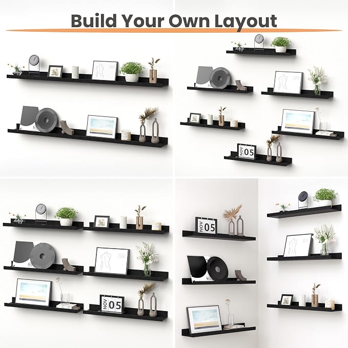 upsimples Floating Shelves for Wall Decor and Storage, Black, 6Pcs 23.6'' | Wall Mounted Wood Shelves for Living Room, Bedroom, Bathroom, Kitchen, Office, Nursery Room, Coffee Bar Display and Organize