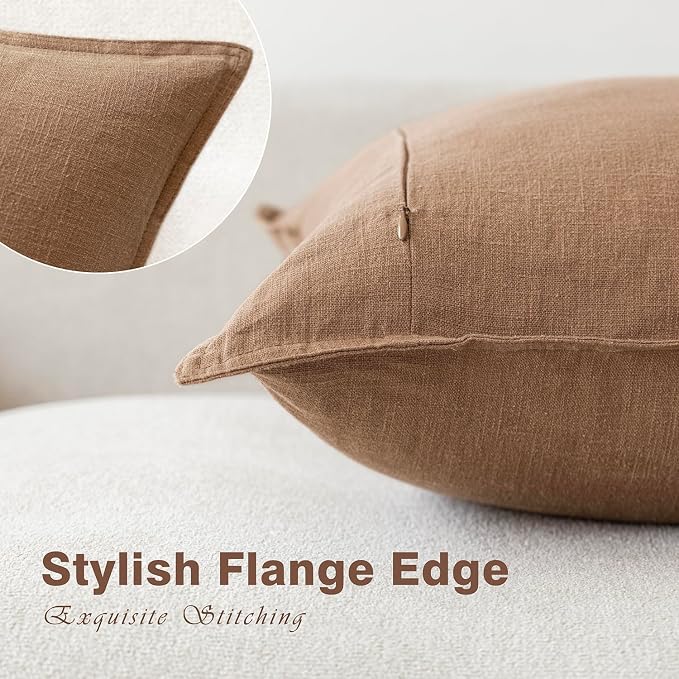 Foindtower Pack of 2, Decorative Linen Solid Throw Pillow Covers Soft Accent Cushion Case Boho Farmhouse Pillowcase for Chair Couch Sofa Bedroom Living Room Home Decor 24 x 24 Inch Light Khaki Brown