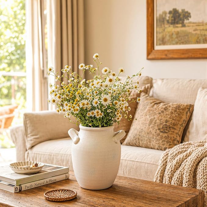 DREAMLOOM 7.2 Inch Ceramic Flower Vase, White | Double Handles, Farmhouse Vintage, Pottery Terracotta, Home Decor, Living Room Dining Table Wedding Centerpieces