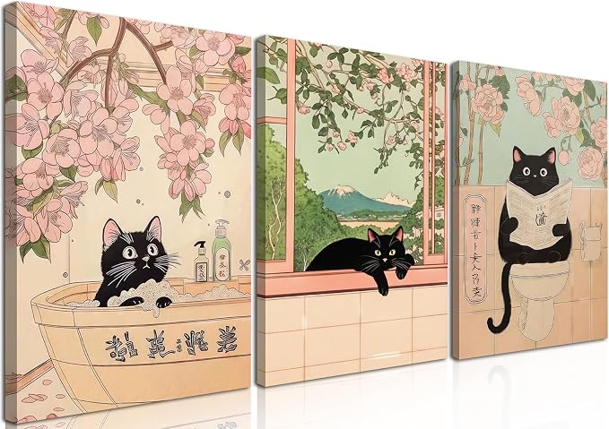 Japanese Bathroom Wall Art Set of 3, Cute Black Cat Bathtub Wall Decor, Funny Animal Reading Newspaper Canvas Prints for Bathroom Bedroom Laundry Room 16x24 inch Framed
