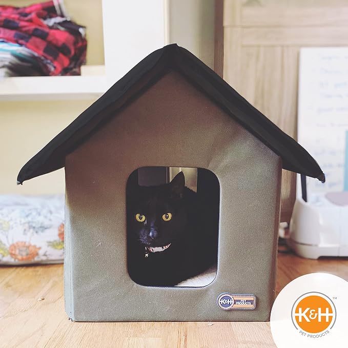 K&H Heated Cat House, Outdoor Kitty Shelter, Safety Listed, Olive/Black | Heated Cat House for Outside, Weatherproof Shelter for Ferals, Insulated with Smart Thermostat, 2 Doors, Waterproof Bed, 20W