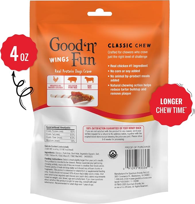 Good 'n' Fun Wings Long-Lasting Dog Treat Made With Real Protein, 4 oz | Premium Chicken, Pork and Beef Hide Chew, Supports Dental Health and Mental Stimulation, For Adult Dogs