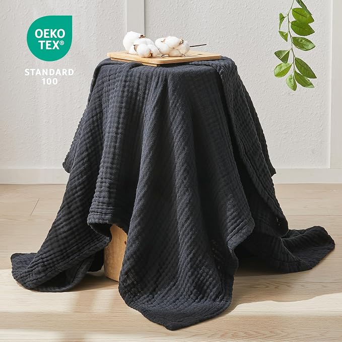 EMME Muslin Blankets for Adults Throw Blanket for Couch Breathable Gauze Soft Lightweight Airy Black Throw XL 50" x 71"