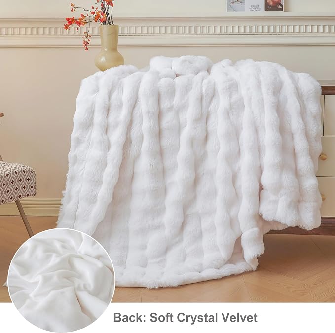 LIFEREVO Luxury Fluffy Faux Rabbit Fur Throw Blanket 60x80, White | Plush Fuzzy Bubble Lap Throw for Couch Sofa Office, Soft Cozy Furry Bed Blanket Home Decoration, Washable & Skin-friendly