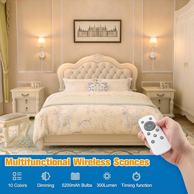 19.9 inch Battery Operated Wall Sconce Set of 2,Brushed Nickel Rechargeable Wall Lights with 10400mAh Dimmable Detachable Bulbs and Remote,10 Colors Wireless Sconces for Bedroom Living Room