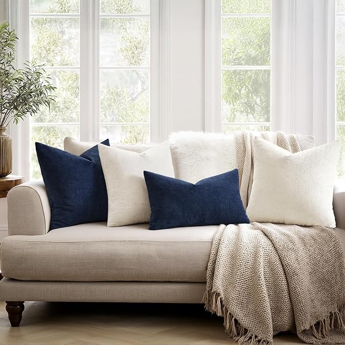 MIULEE Navy Chenille Couch Lumbar Throw Pillow Covers, 12x20 | Set of 2, Soft Coastal Home Decor, Modern Farmhouse Decorative Pillowcases for Sofa Living Room Bed