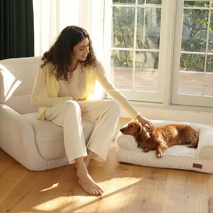 FUKUMARU Dog Couch Bed, Corduroy Cozy Cat Bed, Waterproof, Washable Cover | 28in Orthopedic Dog Beds Sofa for Small Dogs and Large Cats, Cute Warm Cotton Pet Sofa