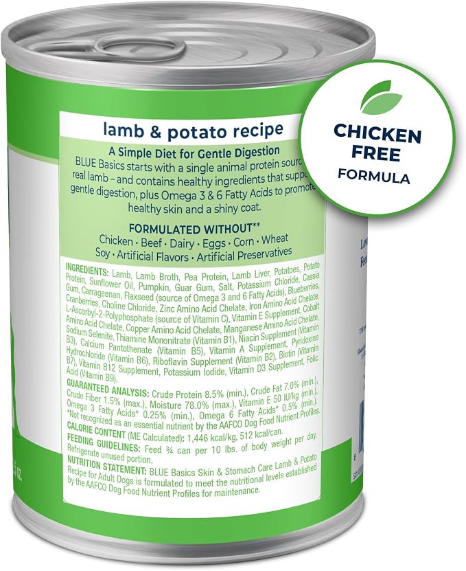 Blue Buffalo Basics Lamb Adult Grain-Free Wet Dog Food, 12.5 oz, 12 ct | Skin & Stomach Care, Real Lamb #1 Ingredient, Limited Ingredient Diet, Antioxidant-Rich LifeSource Bits, Skin & Coat Health
